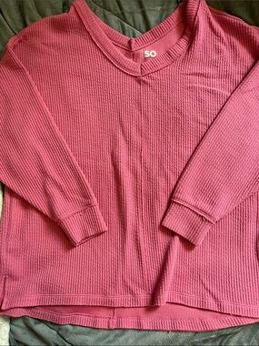 SO Rose Pink Waffle Knit V-Notch Crew Pullover